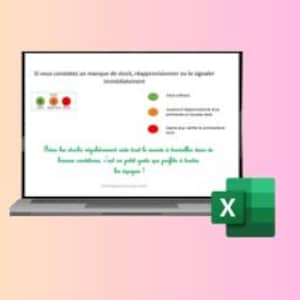 Può includere: Uno schermo di laptop che mostra un sistema di semaforo verde, giallo e rosso con il testo "Se incontri una mancanza di scorte, un riassortimento o un segnale immediatamente". Lo schermo mostra anche un sistema di semaforo verde, giallo e rosso con il testo "Mancanza di scorte", "Riassortimento ritardato" e "Ordina entro 24 ore per ricevere il tuo ordine entro 3 giorni lavorativi". Il testo "Si prega di controllare regolarmente con il resto del team per lavorare in armonia con tutti gli altri. Non è solo buono che preferiamo trattare il team!" è anche visualizzato sullo schermo. Il laptop è su una scrivania con un'icona di foglio di calcolo Excel verde e bianco nell'angolo in basso a destra.