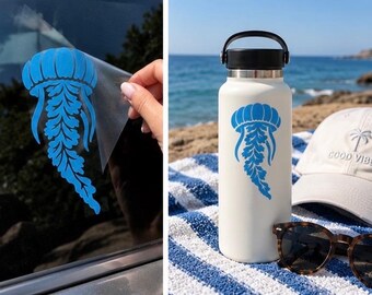 May include: A blue vinyl decal featuring a jellyfish illustration. The decal is shown applied to a car window and also adhered to a white insulated water bottle. The jellyfish design has a rounded bell top and long, flowing, intricate tentacles.