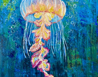 May include: An acrylic painting of a jellyfish with a translucent, peach-toned bell and flowing, ruffled tentacles in shades of pink, orange, and yellow. The background is a deep blue and green textured ocean scene with white bubbles. Signed Andrea Beloff.