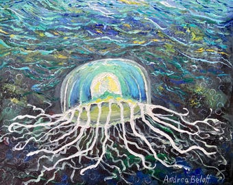 May include: An oil painting of a jellyfish with a translucent blue and green bell and long white tentacles floating in dark water. The surface above is textured with blue, green, and yellow brushstrokes. The artist name Andrea Beloff is signed in white.