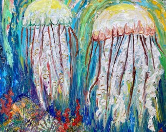 May include: An oil painting featuring two jellyfish with pale yellow caps and long, flowing white tentacles. The background is a vibrant mix of blue, green, and yellow brushstrokes with gold circles. Red and orange coral sits below.
