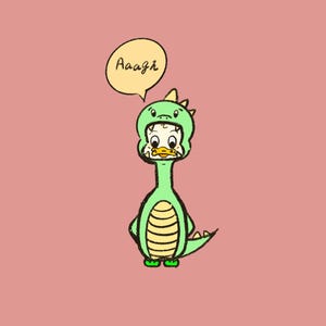 May include: A cartoon duck wearing a green dinosaur costume with a speech bubble that says "Aaagh" on a pink background. The dinosaur costume has a hood, a long neck, and a tail.