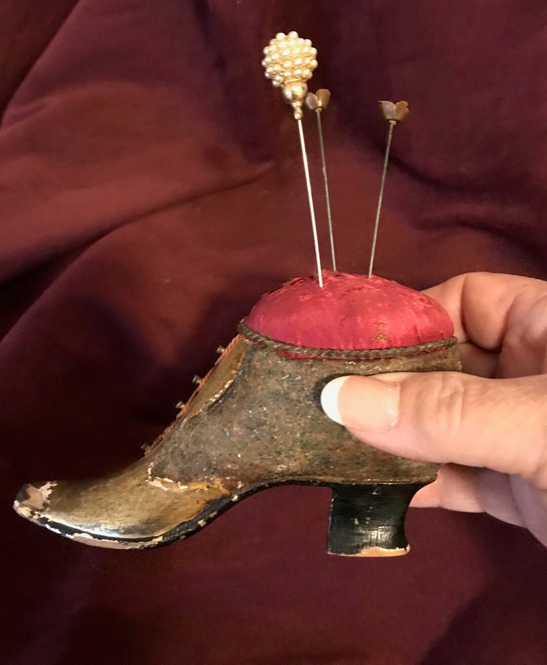 Vintage Pincushion Shoe With Three Hat Pins ffs3030 Etsy