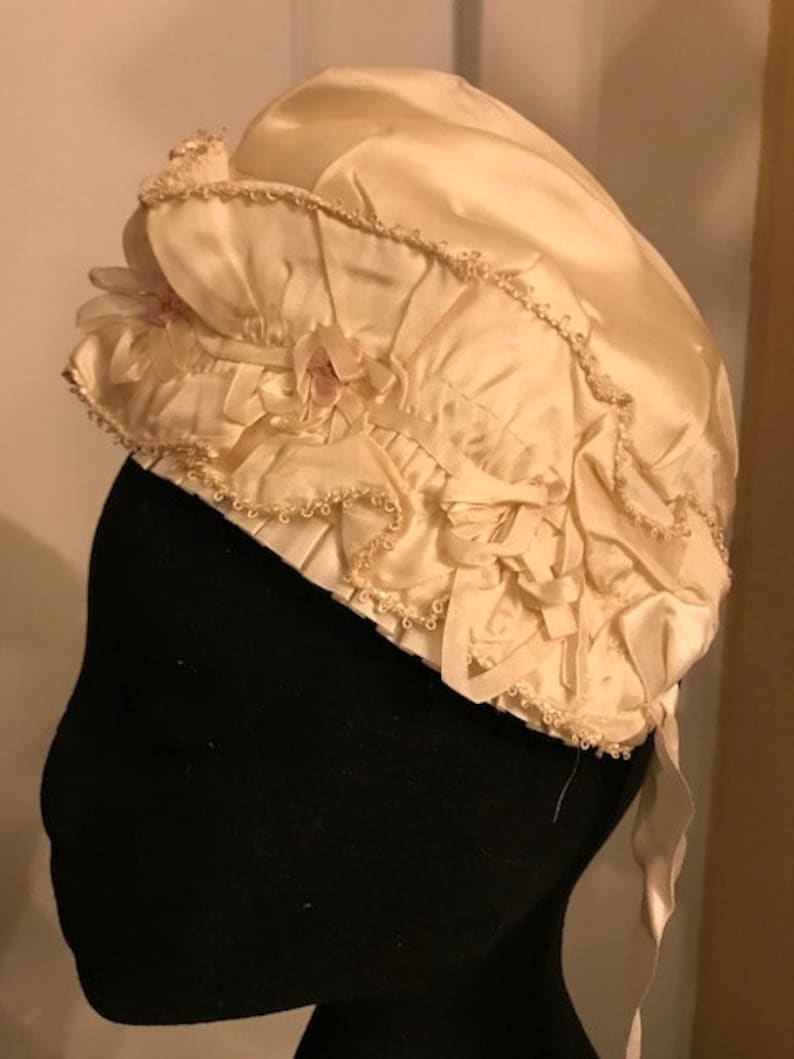 Ribbonwork Bonnet MINT Child/'s Ruffled Brim cream colored hat with pink ribbon work accents FFs1078a
