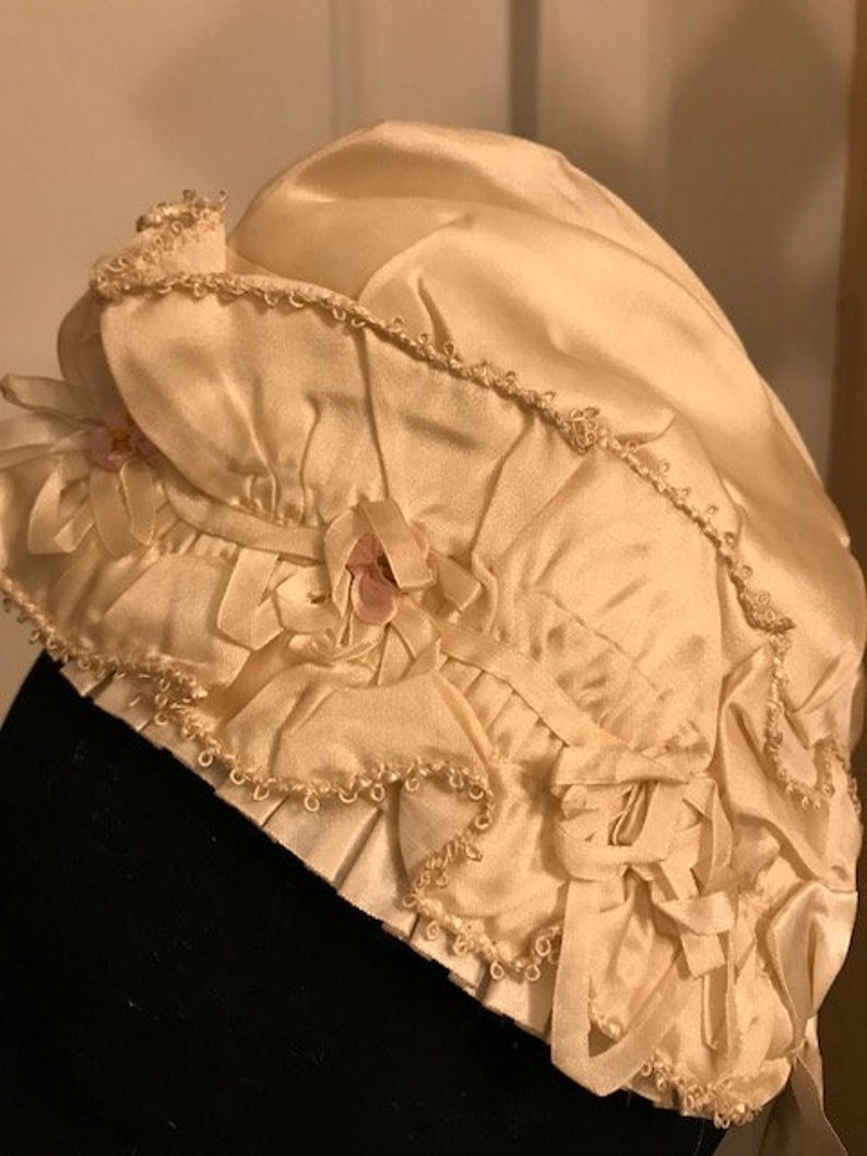Ribbonwork Bonnet MINT Child/'s Ruffled Brim cream colored hat with pink ribbon work accents FFs1078a