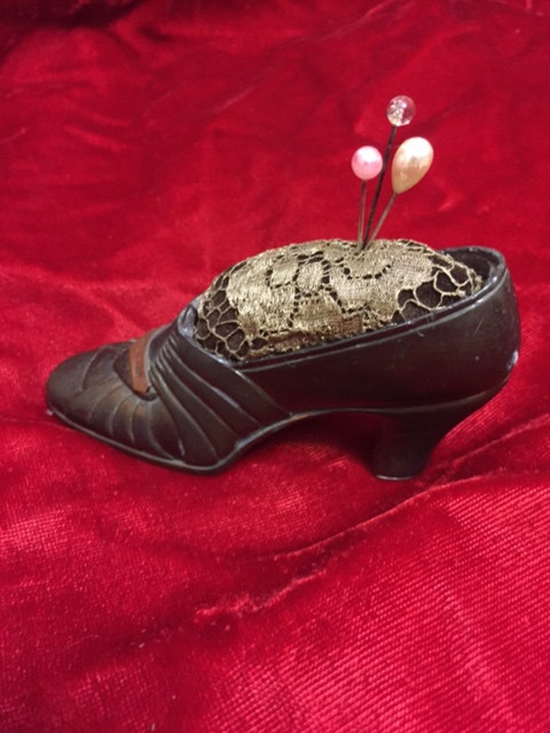 Metal Antique Pincushion Shoe With Bullion Lace and 3 Pins Etsy