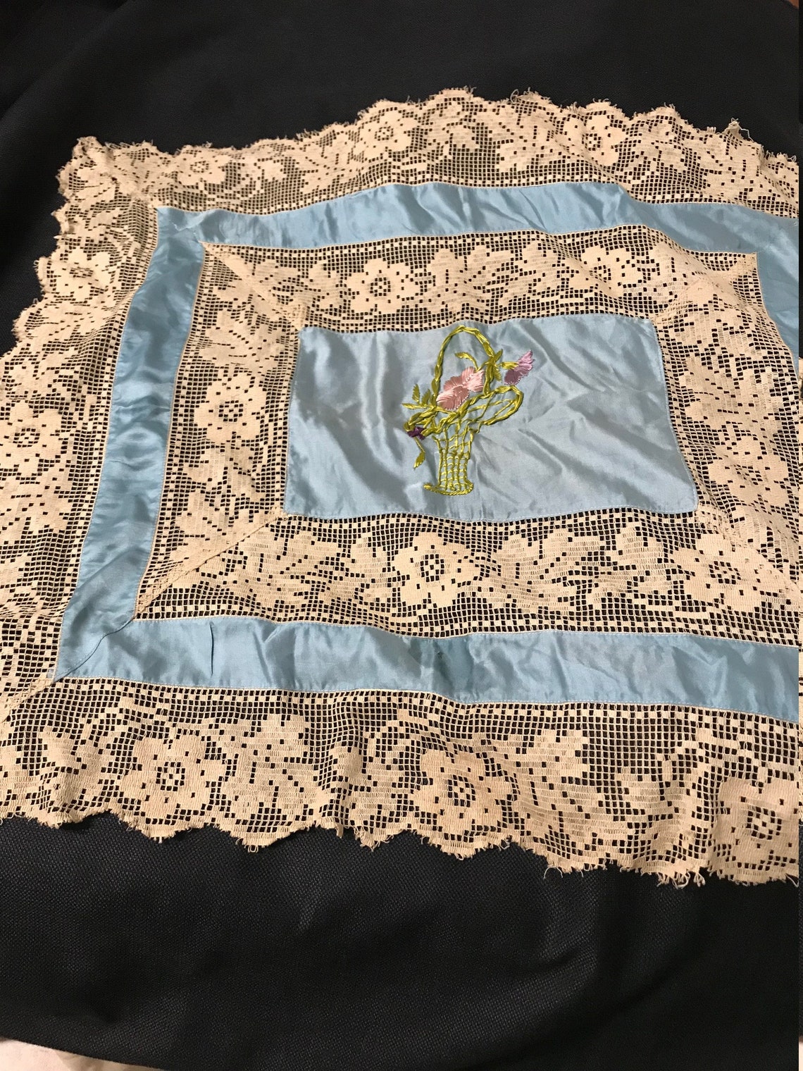 Antique Blue Silk Table Topper of Gloss Floss Basket Design Etsy