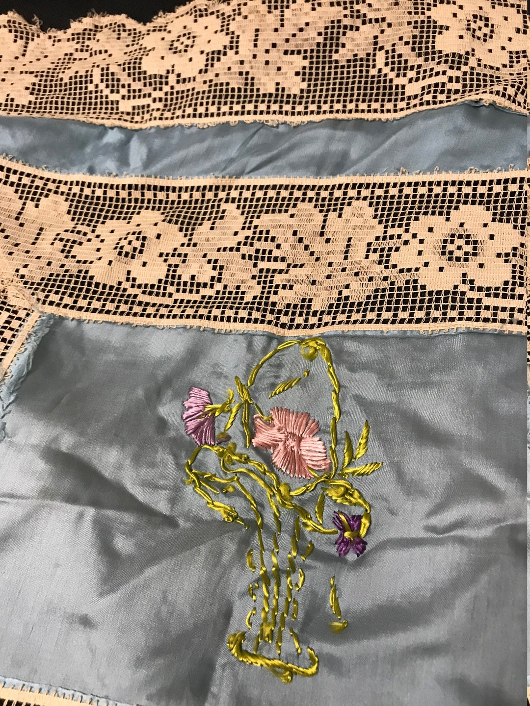 Antique Blue Silk Table Topper of Gloss Floss Basket Design Etsy