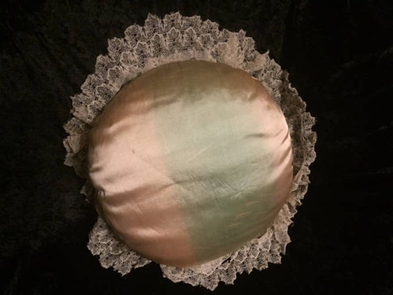 Designer Large Round Boudoir Pillow in Vintage Lace FFs5060 Ribbonwork and Gold Trim Accents