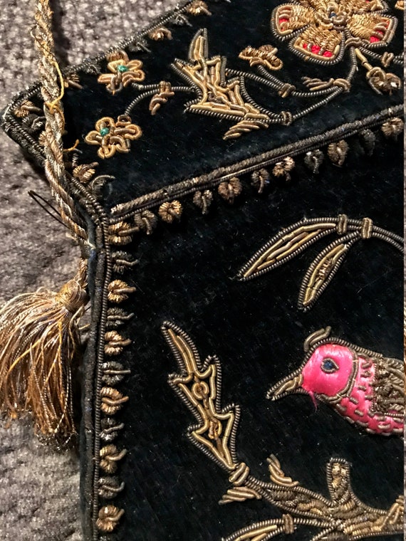 Bullion metallic bird & trims on black velvet pur… - image 5