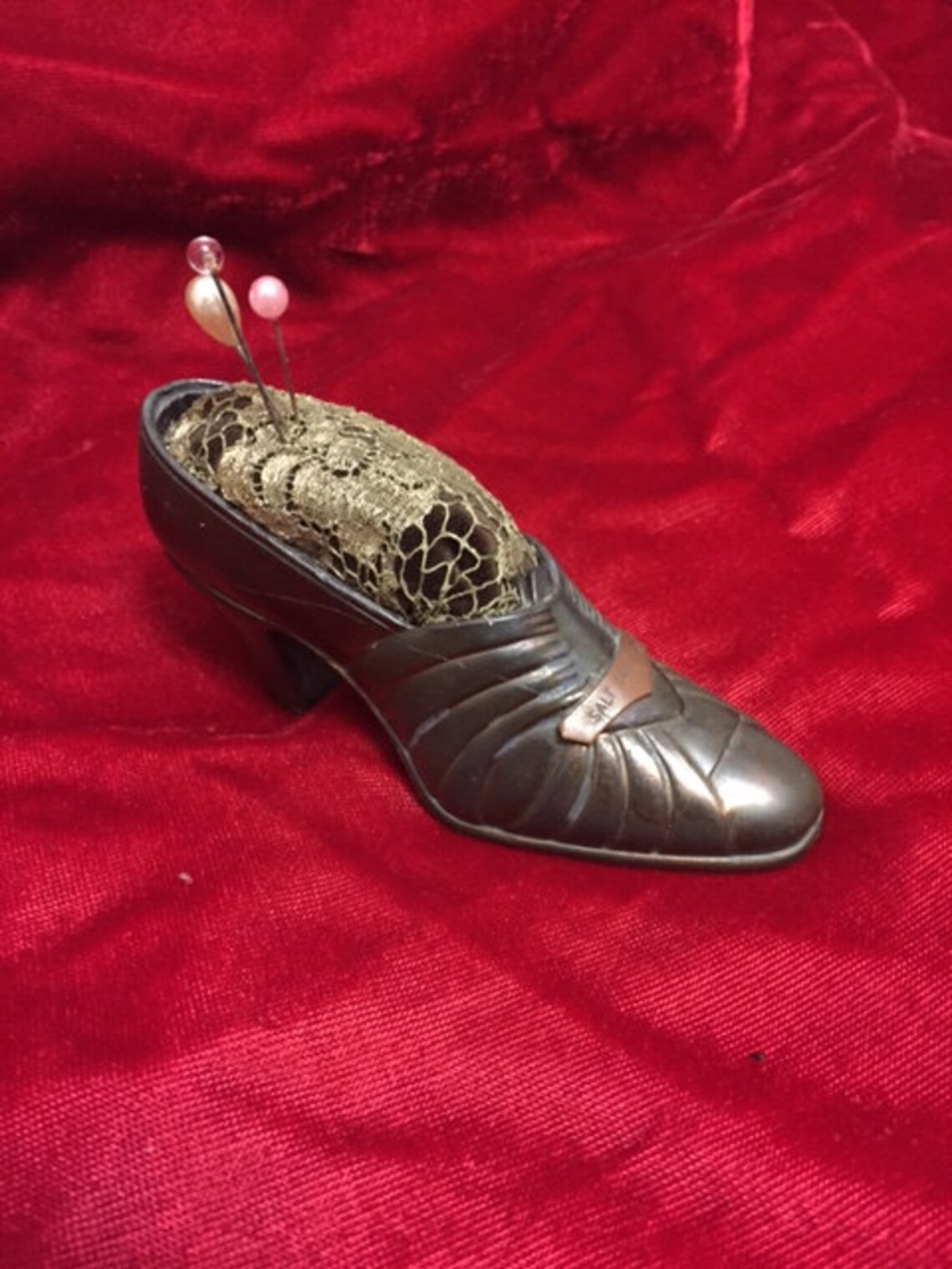 Metal Antique Pincushion Shoe With Bullion Lace and 3 Pins Etsy