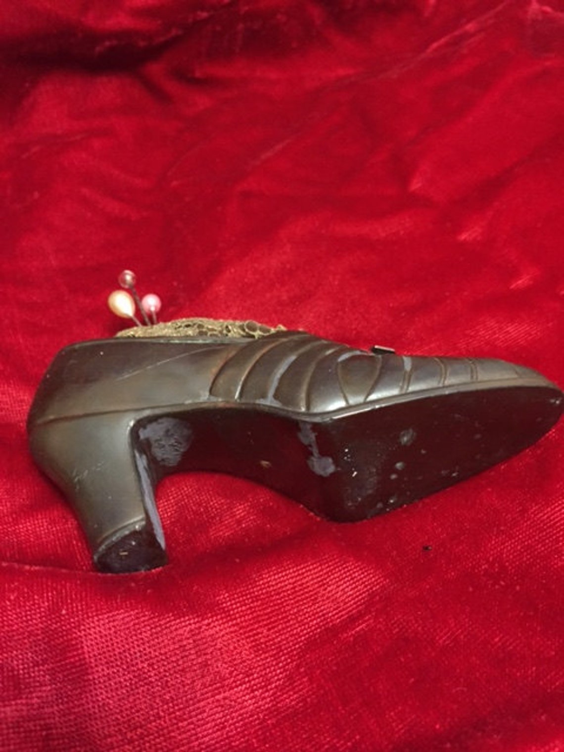 Metal Antique Pincushion Shoe With Bullion Lace and 3 Pins Etsy