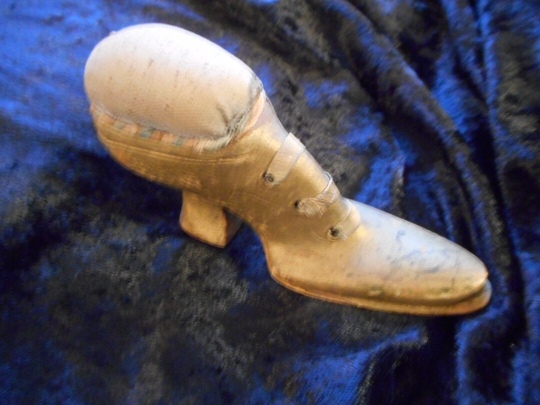 Antique Pincushion Shoe Wood Painted Old Gold With Laces ffs1065 Etsy