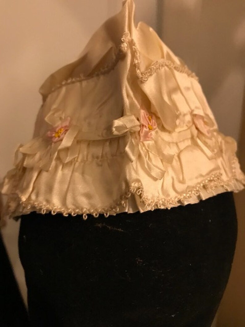 Ribbonwork Bonnet MINT Child/'s Ruffled Brim cream colored hat with pink ribbon work accents FFs1078a