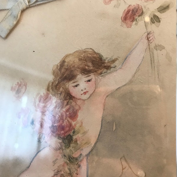 Hand painted Antique Easter Cherub & Roses under glass with ribbon (FFs6220)