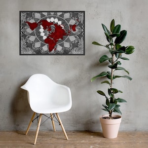 Notre Monde – Carte du monde avec mandala en noir, blanc et rouge | Affiche encadrée