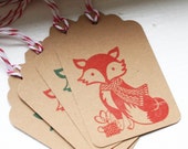 Winter Fox Gift Tags - Ten Tags, Red and Green with Baker's Twine, Fox, Red Fox, Stamped Gift Tags, Stamped Tags, Stamped Christmas Tags