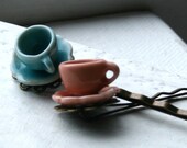 Tea Cup Hair Pins - On Antiqued Brass - Set of Two - Choose Colors