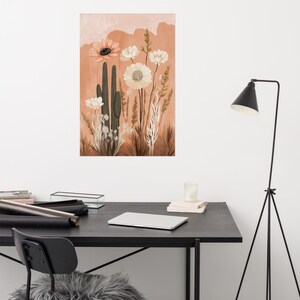 Minimalistisches Wüstenblüten Poster, Boho Mid-Century Moderne Wandkunst, Abstrakte Kaktusblüten, Gedämpftes Rosa Terrakotta-Creme, Print on Demand