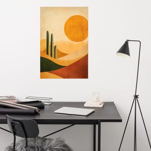 Minimalistischer Kaktus Sonnenuntergang Kunstdruck - Boho Wüste Vibes Digitale Kunstwerke, moderne Natur Wanddekoration, abstraktes Wüsten Poster, Haus des Südwestens
