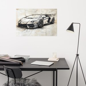 Lamborghini Poster Vintage Sketch, Moderne Supersportwagen Kunst, Minimalistisches Design, Print on Demand