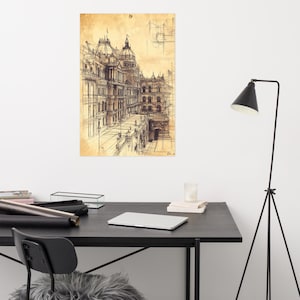 impression d'esquisse architecturale vintage, art du paysage urbain du XIXe siècle, tons sépia, texture vieillie du papier, détails dessinés à la main, impression à la demande