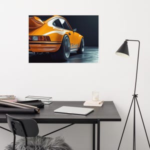 Póster naranja del Porsche 911, arte realista de superdeportivo, diseño clásico de los años 70, fotografía automotriz con gran detalle, impresión bajo demanda.