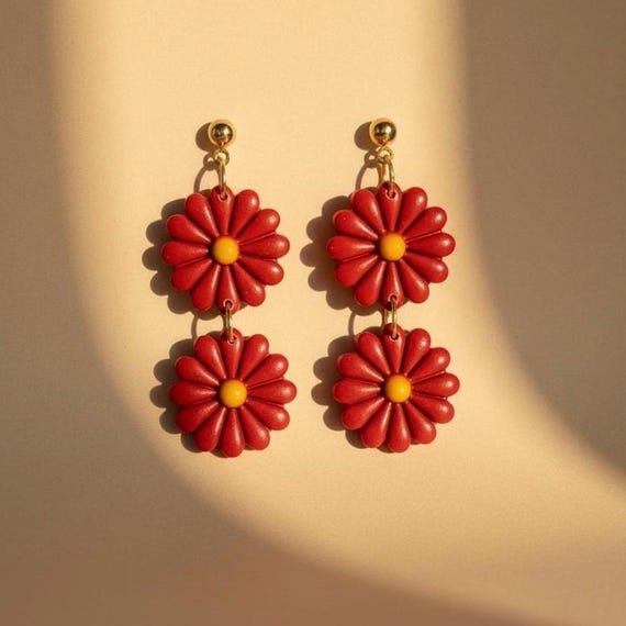 Double Pink Daisies | Boho Inspired Dangles, Lightweight Polymer Clay Earrings, Needle-Painted