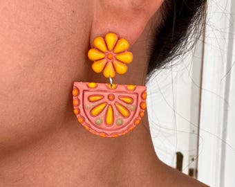 Summer Floral Dangles | Boho Inspired Dangles, Lightweight Polymer Clay Earrings, Needle-Painted | Mexican Inspired