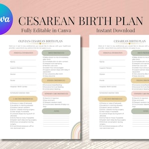 May include: A digital Cesarean birth plan template featuring sections for personal information, birth preferences, feeding preferences, newborn care, and C-section preferences. The document includes checkboxes and lines for notes, with a soft color palette.