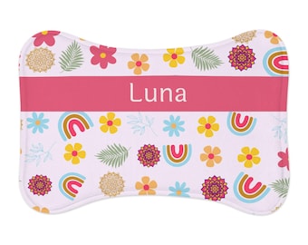 Personalized Pet Feeding Mat | Custom Name Dog Bowl Placemat | Floral Rainbow