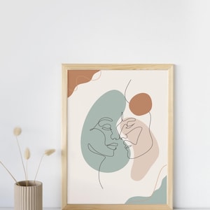 One Line Art Paar Poster in sanften Farben - Minimalistische Wandkunst zum Ausdrucken im modernen Skandi / Boho Stil - Partnergeschenkidee