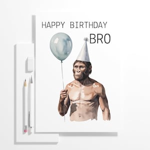 Happy Birthday Bro mit Urzeit-Mensch | Lustige digitale Geburtstagskarte für Männer | Sarkastische Printable Klappkarte zum Ausdrucken