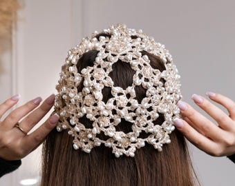 Beige Crochet beanie pearls hat summer flower bling hat with rhinestones Boho party headwear Lace