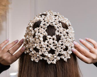 Beige Crochet beanie pearls hat summer flower bling hat with rhinestones Boho party festival headwear Lace hair accessories wedding