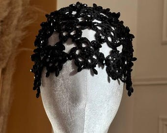Black hair accessories flower lace crochet beanie beaded 1920s headpiece hair black rhinestone hair piece crochet hat for woman