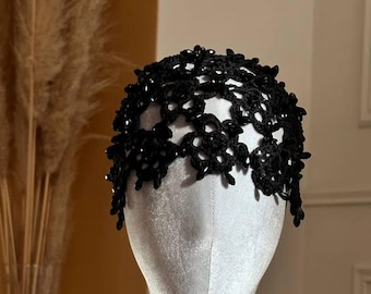 Black gothic bride Crochet beanie beads hat summer flower bling hat with rhinestones Boho party headwear Lace goth bridal hair accessories