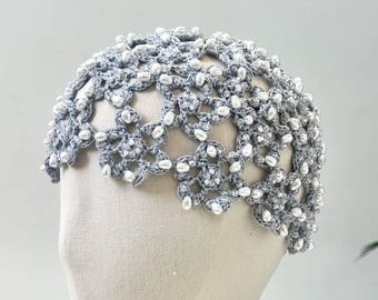 Crochet beaded beanie pearls hat summer flower bling hat with rhinestones Boho party headwear Lace bridal headpiece pearl wedding hair