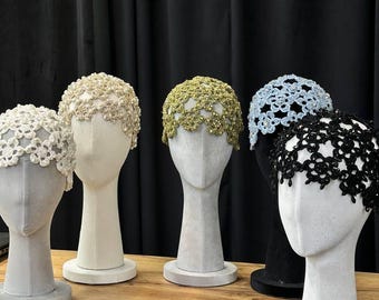 Beige Crochet beaded beanie pearls hat summer flower bling hat with rhinestones Boho party headwear Lace bridal headpiece pearl wedding hair