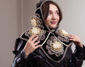 Crochet Balaclava hood pattern + video tutorial ganny squares headwear cowl easy pattern DIY flower winter woman hat accessories