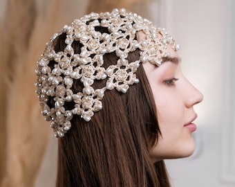 Beige Crochet beanie pearls hat summer flower bling hat with rhinestones Boho party festival headwear Lace hair accessories