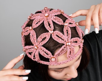 Crochet pattern + video tutorial hat beanie summer flower bling hat beaded Boho headwear pattern DIY Lace crochet woman beanie mesh