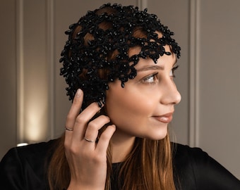 Black Crochet beaded beanie beaded hat summer flower bling hat with rhinestones Boho party headwear Lace headpiece Gatsby style