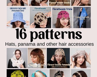 Crochet hat PATTERN BUNDLE + video tutorial easy crocheting floral mesh beanie bucket hat DIY Lace flower 3D headwrap hair accessories