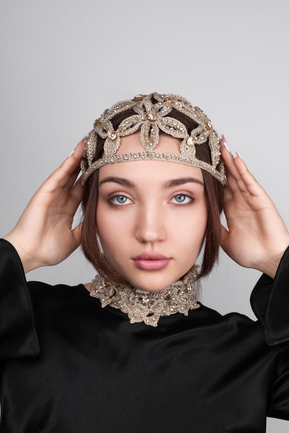 Crochet pattern + video tutorial bundle hat beanie + headwrap summer flower bling hat with rhinestones Boho headwear DIY Lace crochet choker