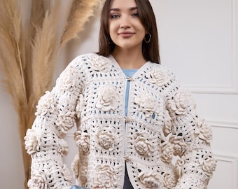 Granny squares Crochet cardigan pattern + video tutorial easy crocheting cotton sweater jacket DIY Lace flower