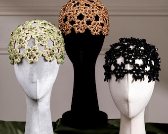 Black Crochet beaded beanie beaded hat summer flower bling hat with rhinestones Boho party headwear Lace headpiece Gatsby style