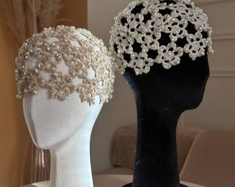 Beige Crochet beaded beanie pearls hat summer flower bling hat with rhinestones Boho party headwear Lace bridal headpiece pearl wedding hair