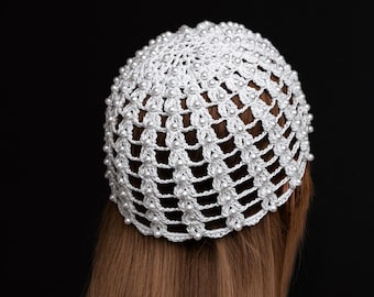 Mesh Beige Crochet beanie pearls hat summer flower bling hat with pearl Boho party festival headwear hair accessories wedding