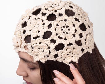 Crochet pattern hat beanie summer flower hat Boho style headwear pattern + video tutorial DIY Lace crocheting hat woman pattern